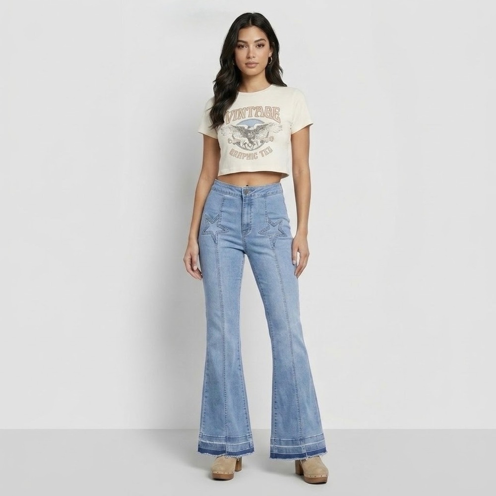 70s Retro Roller Disco Star Flare Jeans Bareback High Rise Litz b Uniq Sz 29